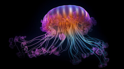 A mesmerizing image of a translucent jellyfish gracefully pulsating through the water, its delicate tentacles trailing behind like ethereal ribbons Generative AI