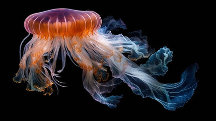 Fototapeta premium A mesmerizing image of a translucent jellyfish gracefully pulsating through the water, its delicate tentacles trailing behind like ethereal ribbons Generative AI