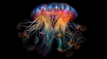 A striking composition featuring a jellyfish with trailing tentacles, its body illuminated by colorful underwater lighting, creating a captivating display of light and movement Generative AI