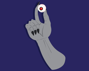 vector design of a gray hand with sharp black fingernails holding a red and white eyeball suitable for halloween celebration symbol