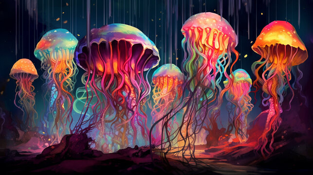 A mesmerizing composition showcasing a variety of jellyfish species, each with its unique colors and tentacle patterns, creating a vibrant and diverse underwater tapestry Generative AI