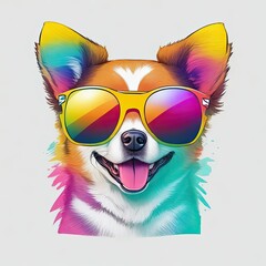 Fototapeta premium Graphic t-shirts vector of a cute happy dog, wearing sunglasses, detail design, colorful, contour, white background.