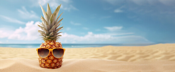 photo of beach background under the open blue sky in summer  with pineapple wearing glasses. AI generated