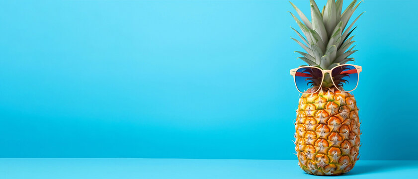 photo of Solid blue background in summer  with pineapples wearing glasses. AI generated