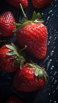 Fresh Organic Strawberry Berry Photorealistic Vertical Background. Healthy Vegetarian Diet. Ai Generated Lifelike Background with Delicious Juicy Strawberry Berry. Generative AI