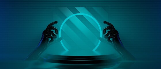 3d illustration rendering of technology futuristic cyberpunk display, gaming scifi stage pedestal background, gamer banner sign of neon glow stand podium for product © issaronow