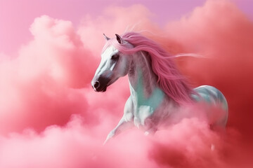 Naklejka na ściany i meble Beautiful horse running through pastel pink clouds. Creative abstract idea. Love and freedom concept. Illustration. Generative AI.