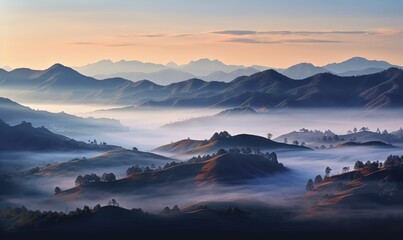 Fototapeta premium a view of a mountain range covered in fog at sunrise or dawn with a few trees in the foreground and a few mountains in the background. generative ai