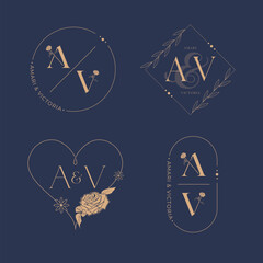 Elegant letter A and V wedding monogram set