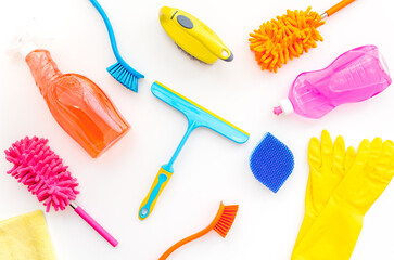 Flat lay of sprey bottles and cleaning products, top view