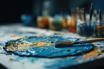 Mixing colors. Paint brush and oil paint or acrylic paint, on a pallette. Blue paint with depth of field. Creative concept. Generative AI