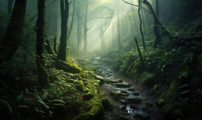  a path in a forest with mossy trees and rocks on both sides of the path is surrounded by green foliage and trees with bright sunlight coming through the fog.  generative ai