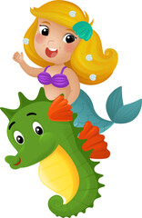 cartoon scene with mermaid princess and sea horse swimming together having fun isolated illustration for kids