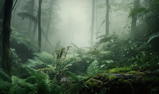  a forest filled with lots of green plants and tall trees in the foggy day light of the day with a single light shining on the trees.  generative ai
