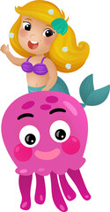 cartoon scene with mermaid princess and octopus swimming together having fun isolated illustration for kids
