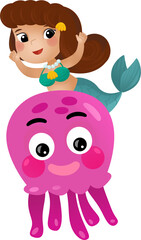 cartoon scene with mermaid princess and octopus swimming together having fun isolated illustration for kids