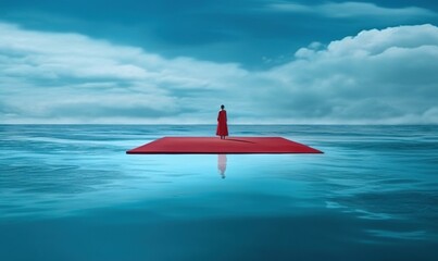  a person standing on a floating platform in the middle of the ocean with a red umbrella on it's head and a blue sky with clouds.  generative ai