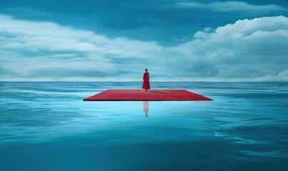 Naklejka premium a person standing on a floating platform in the middle of the ocean with a red umbrella on it's head and a blue sky with clouds. generative ai