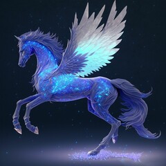 Illustration of a mythical glowing blue pegasus on the empty dark background
