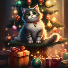 Illustration of a cute cat sitting under the Christmas tree next to the Christmas presents