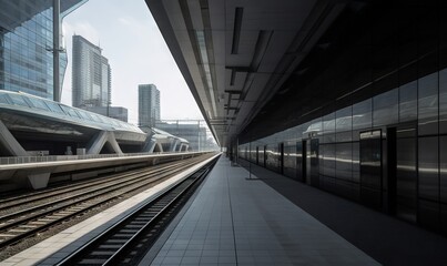  a train station with a train on the tracks in front of a tall building with a sky scraper in the background of the photo.  generative ai