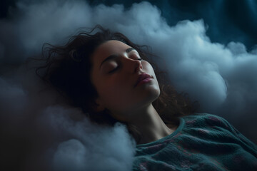 Beautiful girl sleeping on a white cloud. Generative AI.
