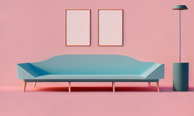Modern mint color living room, couch 3d, wall with two blank frames. Generative AI
