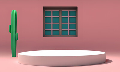 Podium on Terracotta background with window and cactus, mexican concept. Blank product shelf standing backdrop. 3D rendering, Generative AI