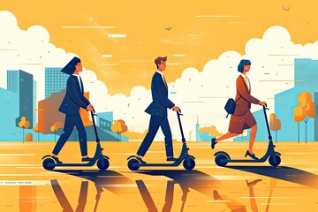 flat style illustration of man and woman on the scooters.