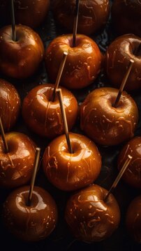 Sweet Caramel Apples Candy Photorealistic Vertical Background. Sweet Dessert From Confectionery. Ai Generated Lifelike Background with Delicious Flavory Caramel Apples Candy. Generative AI