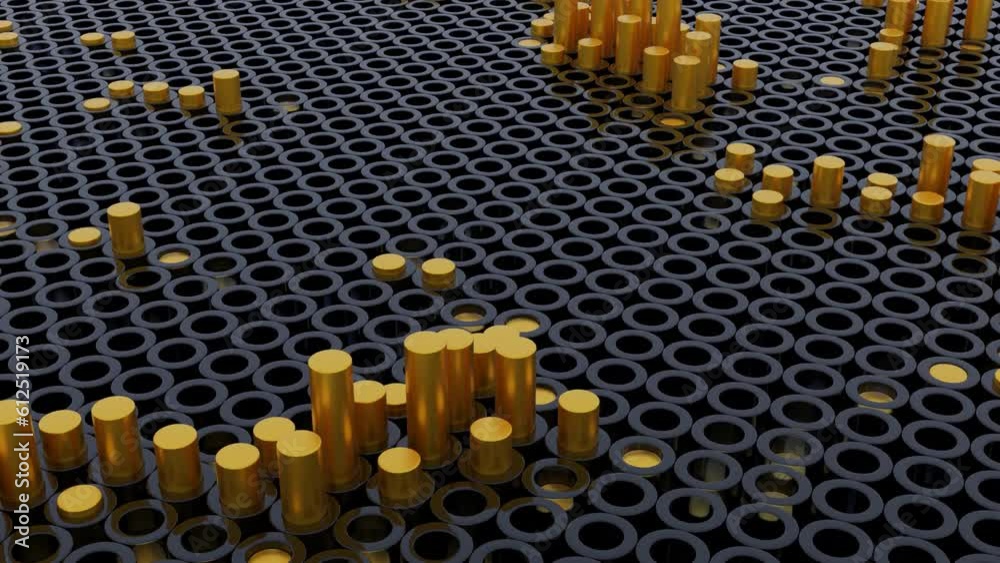 Poster 3d animation with rising columns. design. columns rise from holes in field. surface with holes and m