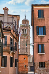 Obraz premium View from Venice with the bell tower of the roman catholic Church of Saint Sebastian (Chiesa di San Sebastiano) located in Campo di San Sebastiano, Dorsoduro