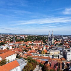 Fototapeta premium Drone shot of the upper town (old part of Zagreb) on a sunny day, Croatia
