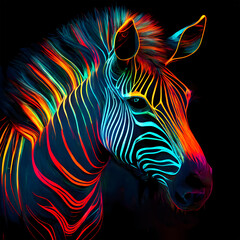 Fototapeta premium Zebra in abstract, graphic highlighters lines rainbow ultra-bright neon artistic portrait, commercial, editorial advertisement, surreal surrealism. Isolated on dark background. 
