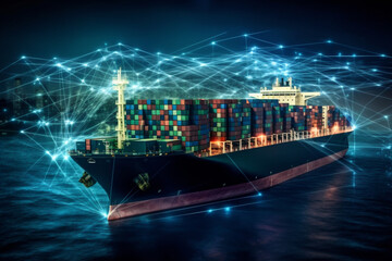 Global Logistics international delivery concept, World map logistic and supply chain network distribution container, cargo ship with contrail in ocean sea ship carrying container for export import - obrazy, fototapety, plakaty