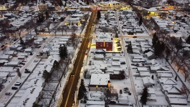 Beautiful aerial winter view of the residential neighborhood in Edmonton during the twilight