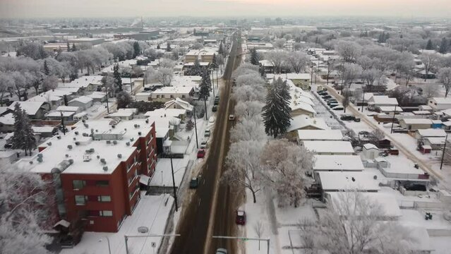 Aerial view of the street in winter in Edmonton, Alberta, Canada