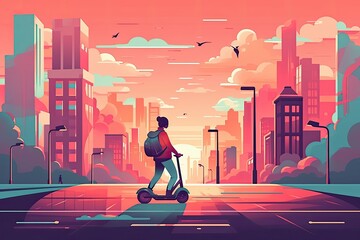 people on the electric scooter over city flat design