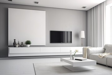 modern living room with a white sofa and a large television. Generative AI