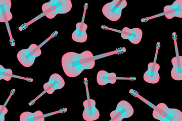 Modern pattern with guitars. Randomly scattered guitars on a pink background	