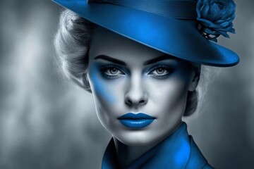 pretty woman in blue costume with hat and blue lips created with Generative AI technology
