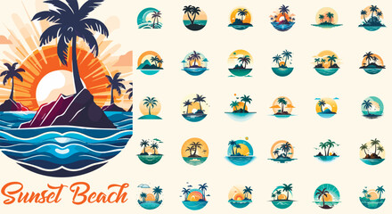 Fototapeta premium Summer beach island with palm trees in the ocean. Vector emblem of travel, holiday, resort. Vector Logo collection.