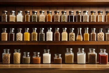 Different spices in the glass bottles at the kitchen shelfs 