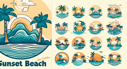 Fototapeta premium Summer beach island with palm trees in the ocean. Vector emblem of travel, holiday, resort. Vector Logo collection.