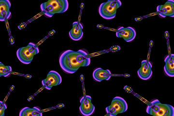 Modern pattern with guitars. Randomly scattered guitars on a black background	