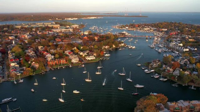 Drone view of the Annapolis Harbor at sunset in Maryland, USA - Timelapse
