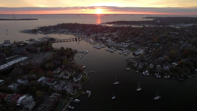 Aerial view of Annapolis Harbor and Chesapeake Bay Bridge at sunset