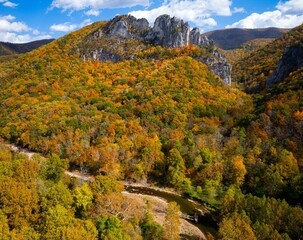 Aerial shot of Seneca Rocks in West Virginia with fall foliage.