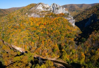 Aerial shot of Seneca Rocks in West Virginia with fall foliage.