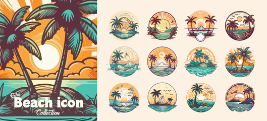 Summer beach island with palm trees in the ocean. Vector emblem of travel, holiday, resort. Vector Logo collection.